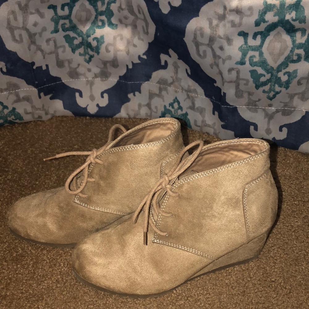 Beige suede wedge booties